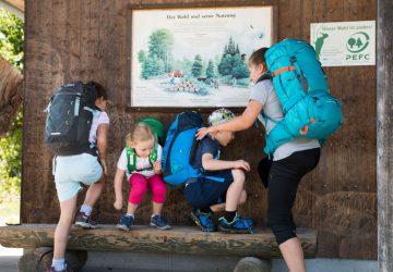 Packing a kid's backpack 10 Kinderrucksack packen - Kinder mit ihren Rucksäcken auf einer Bank während eines Wanderausflugs.