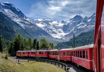 Train in front of a mountain scenery