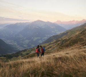 Europäische Fernwanderwege 2 Europäische Fernwanderwege stellen die abwechslungsreiche Landschaft Europas unter Beweis. Hier sind zwei Personen in einer grasigen Hügellandschaft unterwegs.